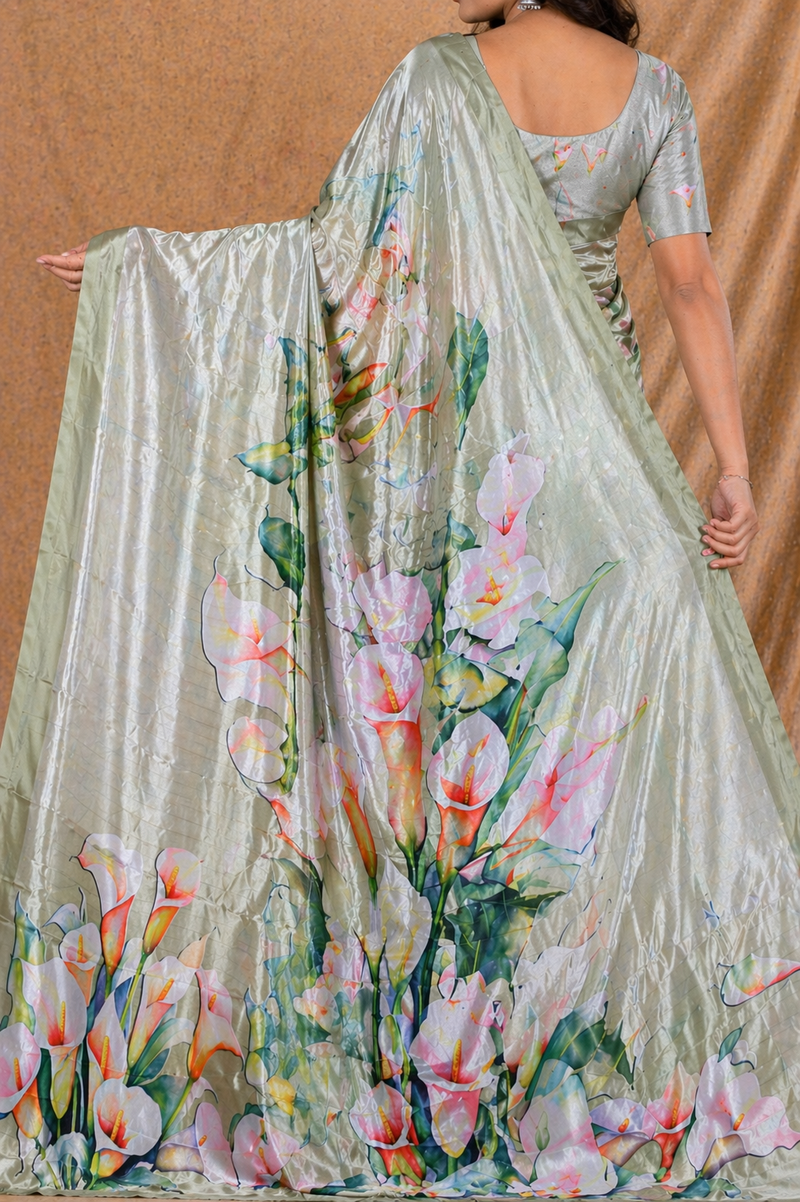 Elegant Sage Green Floral Printed Silk Saree With Lily Motif
