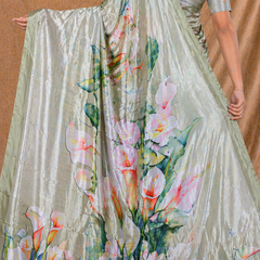 Elegant Sage Green Floral Printed Silk Saree With Lily Motif