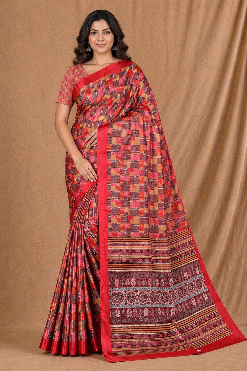 Vibrant Red Printed Silk Saree With Geometric Pattern & Ethnic Border