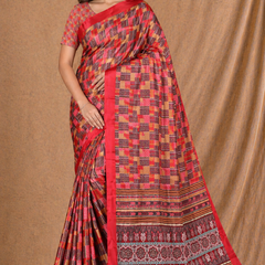 Vibrant Red Printed Silk Saree With Geometric Pattern & Ethnic Border