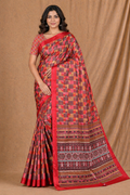 Vibrant Red Printed Silk Saree With Geometric Pattern & Ethnic Border