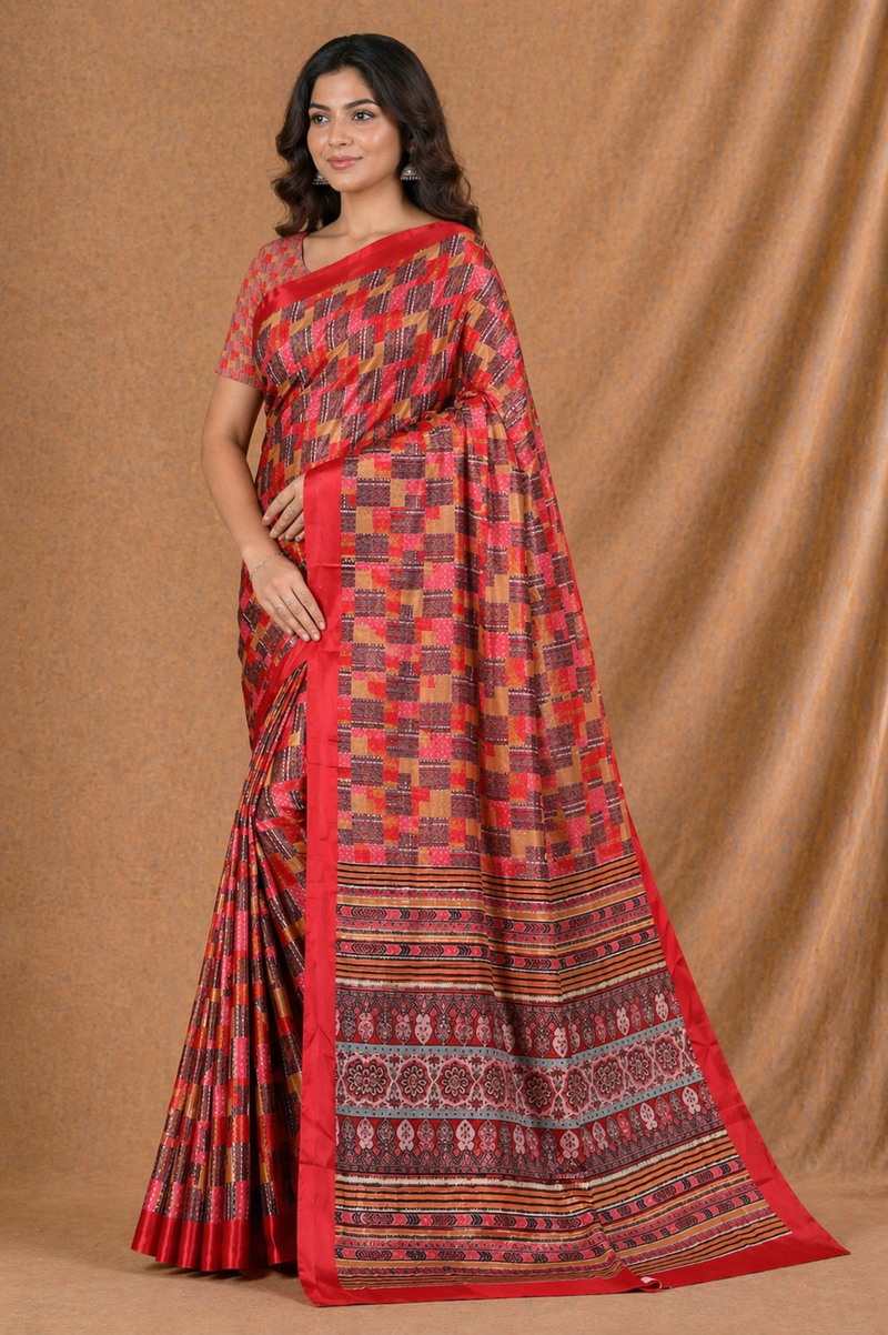 Vibrant Red Printed Silk Saree With Geometric Pattern & Ethnic Border