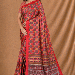Vibrant Red Printed Silk Saree With Geometric Pattern & Ethnic Border