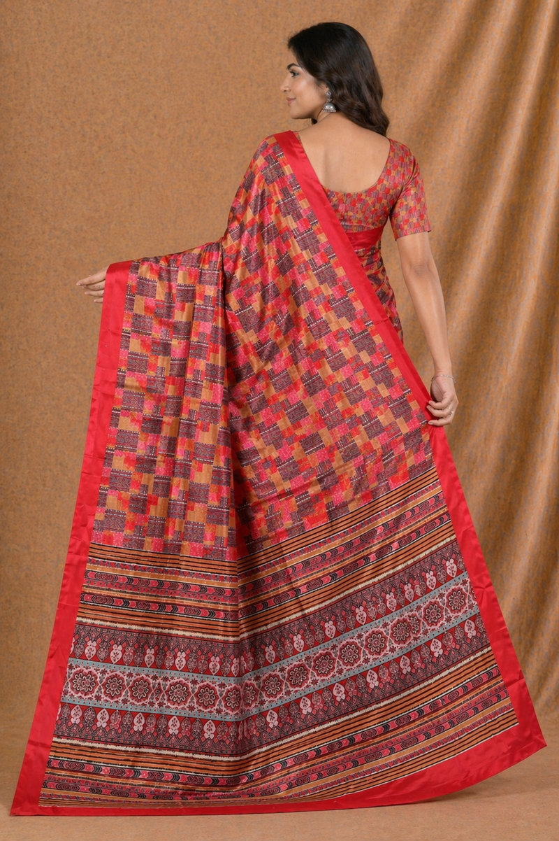 Vibrant Red Printed Silk Saree With Geometric Pattern & Ethnic Border