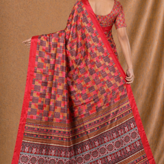 Vibrant Red Printed Silk Saree With Geometric Pattern & Ethnic Border