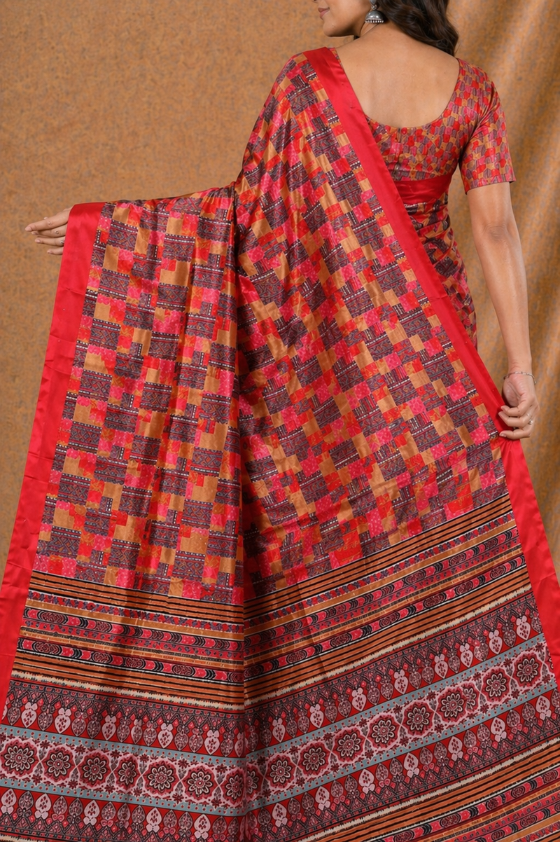 Vibrant Red Printed Silk Saree With Geometric Pattern & Ethnic Border