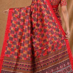 Vibrant Red Printed Silk Saree With Geometric Pattern & Ethnic Border