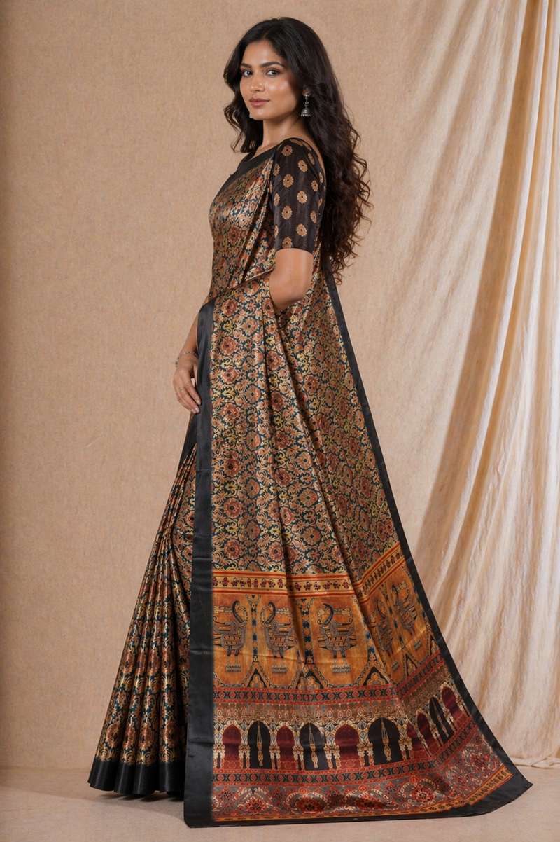 Black Printed Silk Saree With Traditional Temple Border