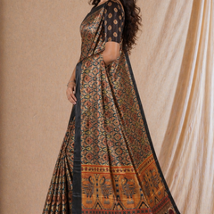Black Printed Silk Saree With Traditional Temple Border