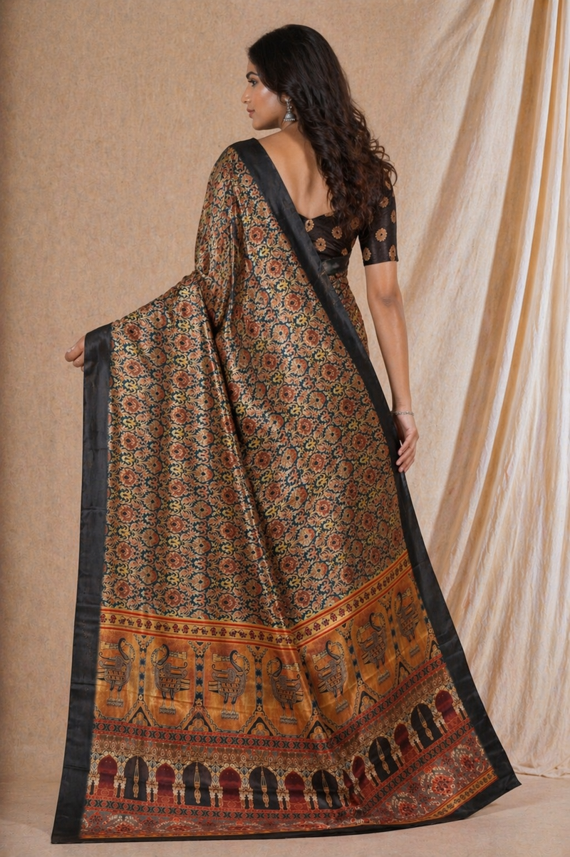 Black Printed Silk Saree With Traditional Temple Border