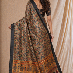 Black Printed Silk Saree With Traditional Temple Border