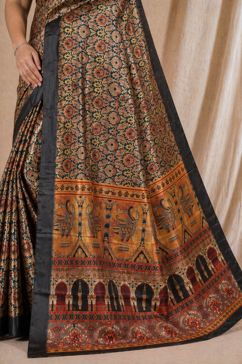 Black Printed Silk Saree With Traditional Temple Border