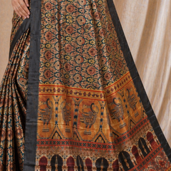 Black Printed Silk Saree With Traditional Temple Border