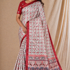 Cream Red Floral Print Chiffon Silk Saree With Elegant Border