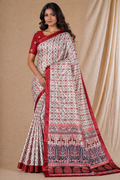 Cream Red Floral Print Chiffon Silk Saree With Elegant Border