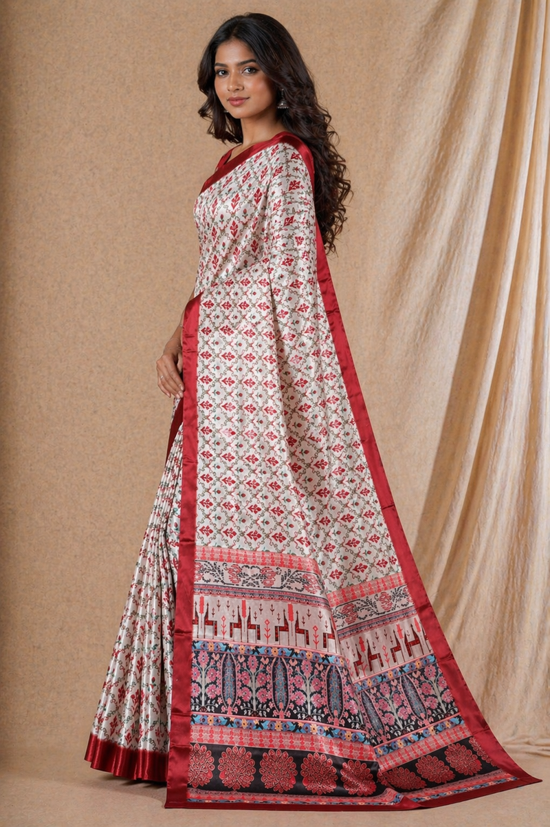 Cream Red Floral Print Chiffon Silk Saree With Elegant Border