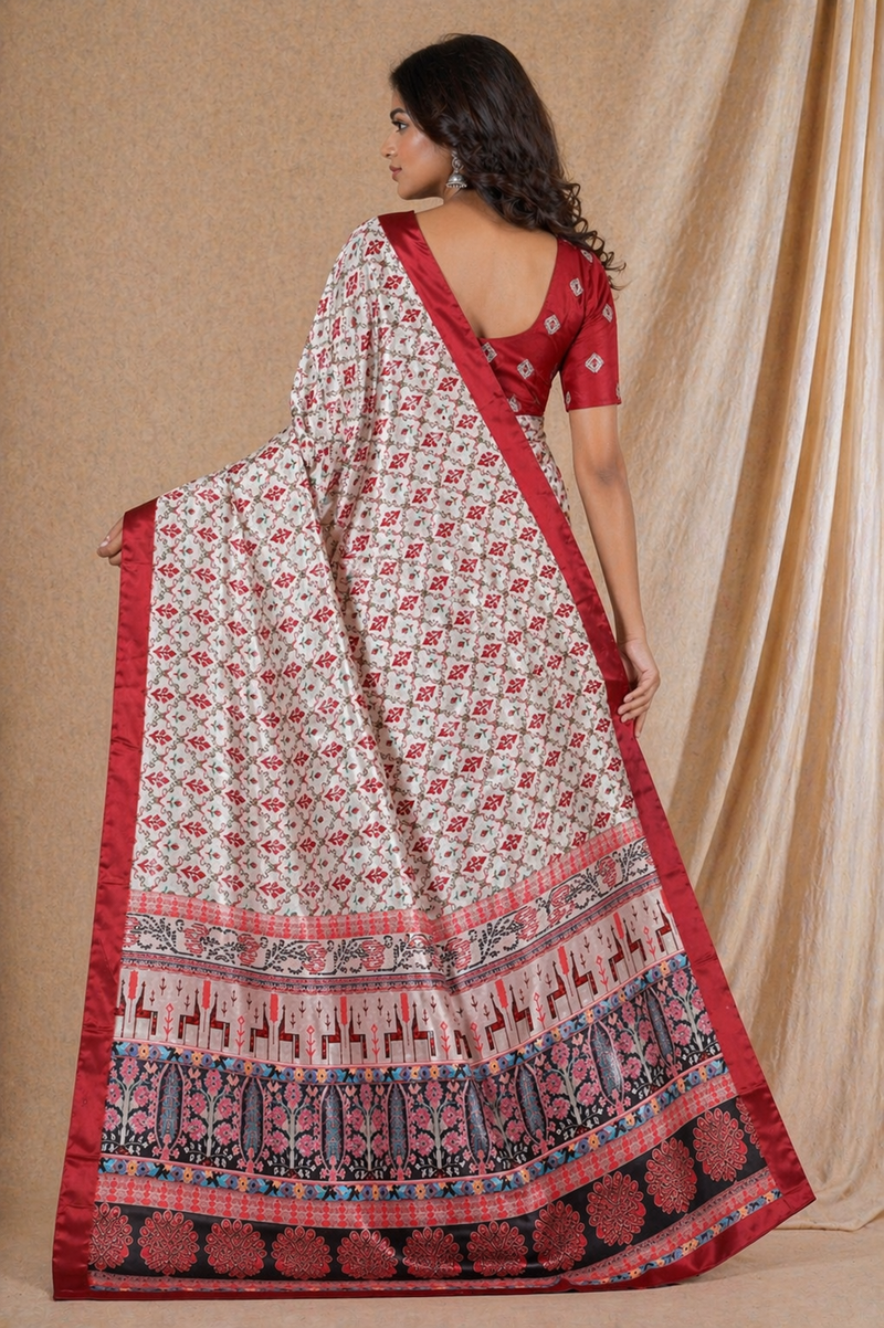 Cream Red Floral Print Chiffon Silk Saree With Elegant Border