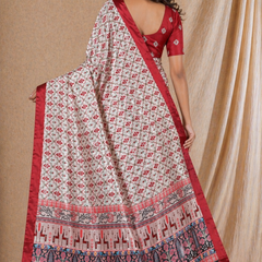 Cream Red Floral Print Chiffon Silk Saree With Elegant Border