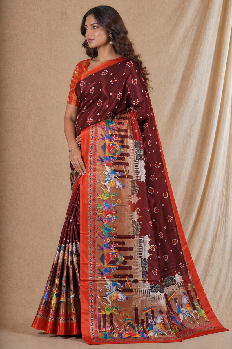 Maroon Traditional Print Chiffon Silk Saree With Festive Pallu