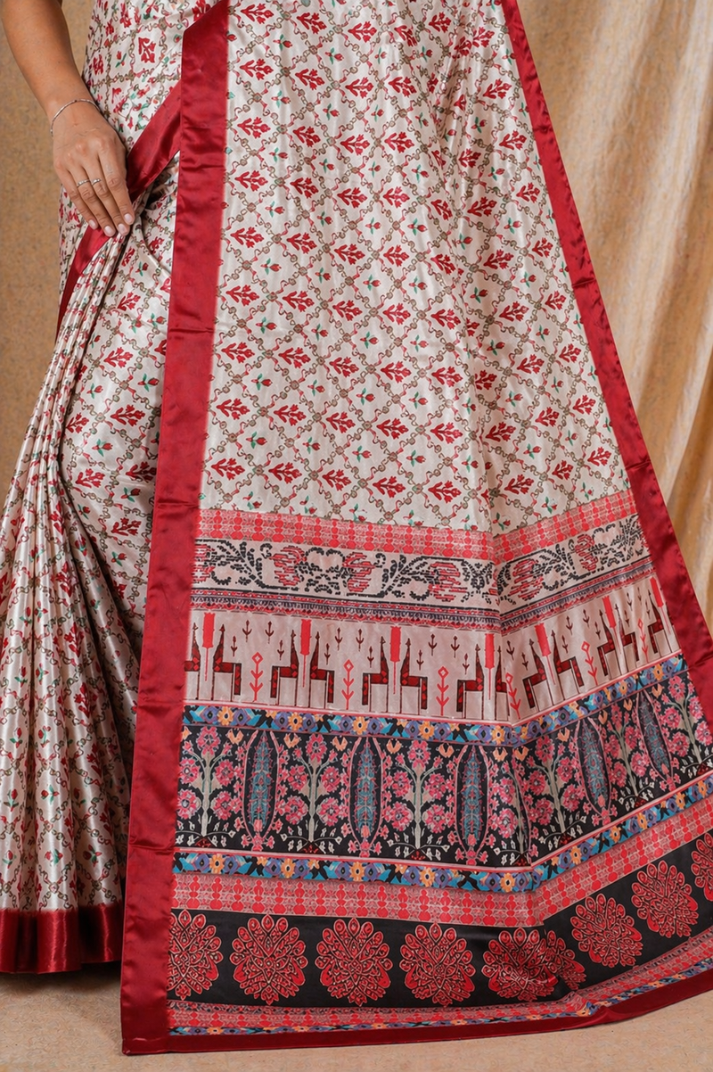 Cream Red Floral Print Chiffon Silk Saree With Elegant Border