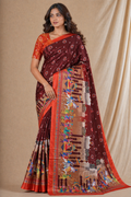 Maroon Traditional Print Chiffon Silk Saree With Festive Pallu
