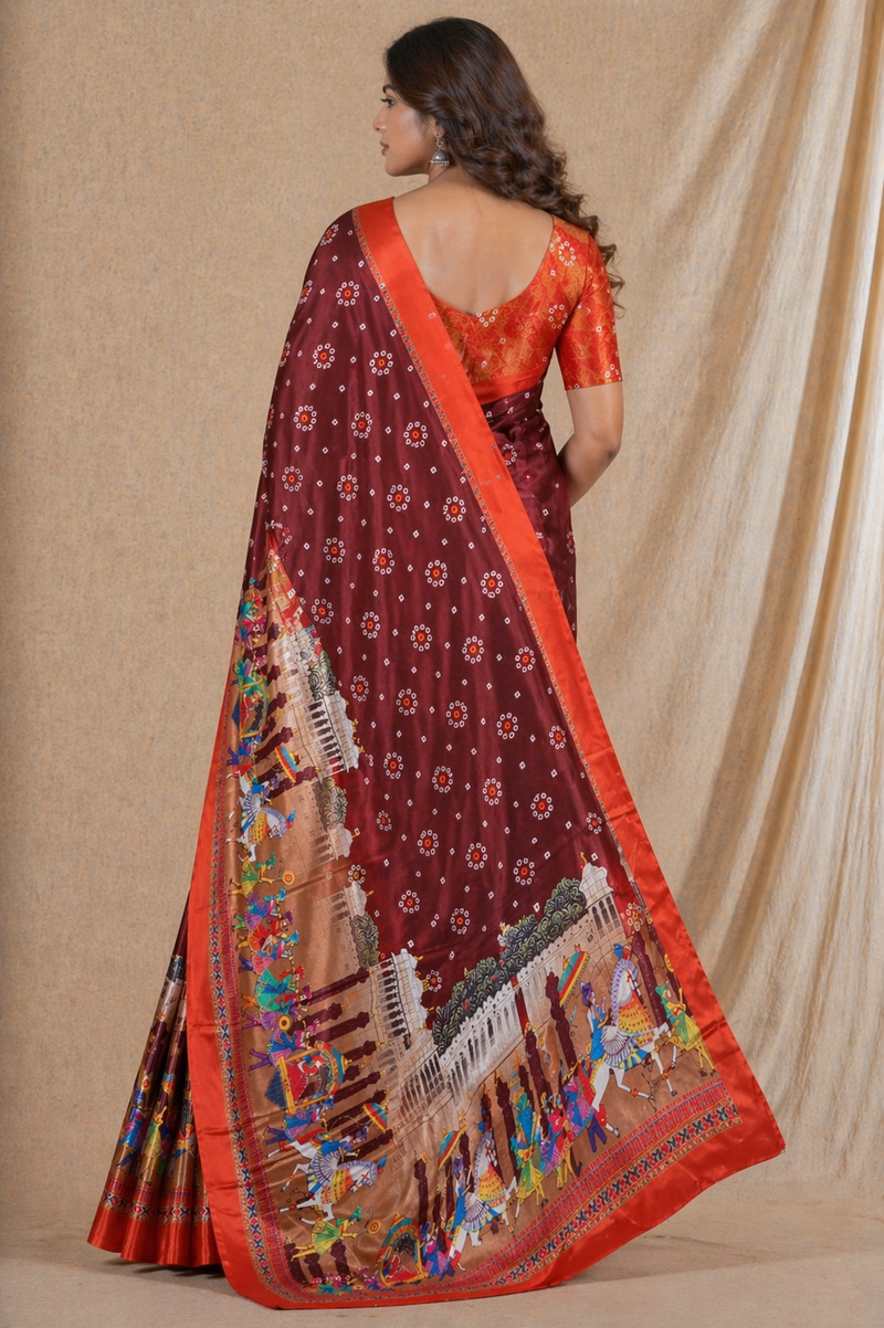 Maroon Traditional Print Chiffon Silk Saree With Festive Pallu