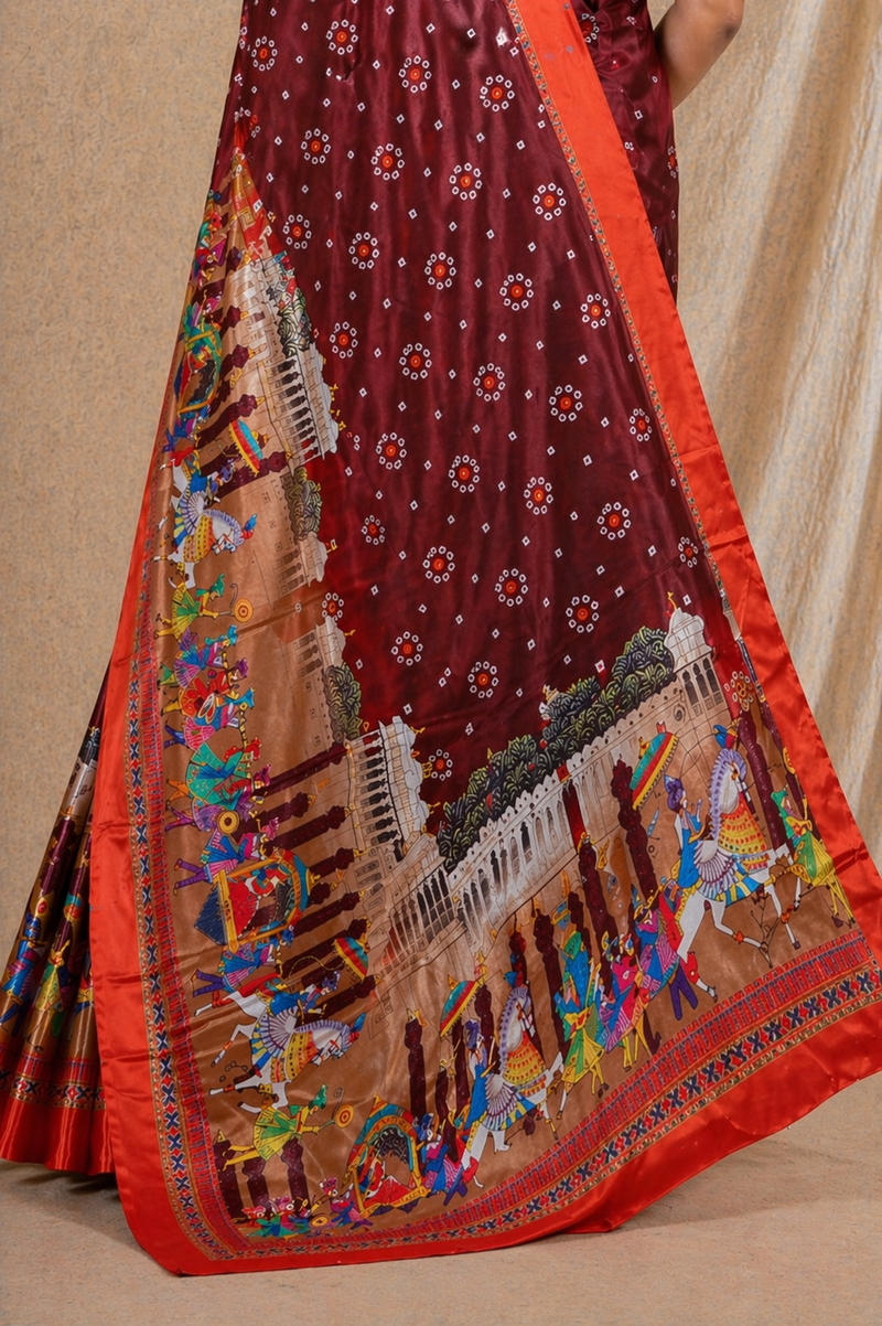 Maroon Traditional Print Chiffon Silk Saree With Festive Pallu
