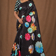 Black Multicolor Floral Print Chiffon Silk Saree