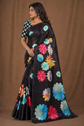 Black Multicolor Floral Print Chiffon Silk Saree