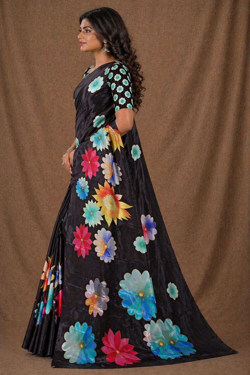 Black Multicolor Floral Print Chiffon Silk Saree