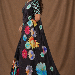 Black Multicolor Floral Print Chiffon Silk Saree