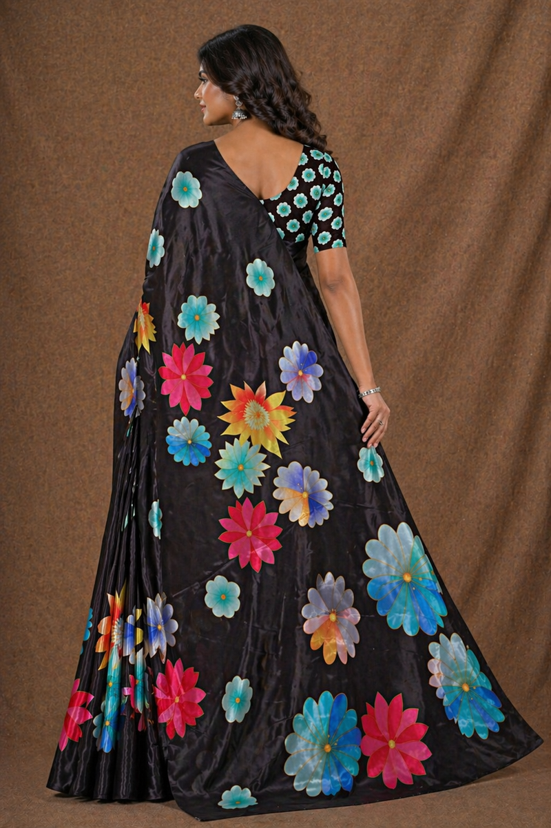 Black Multicolor Floral Print Chiffon Silk Saree