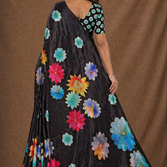 Black Multicolor Floral Print Chiffon Silk Saree