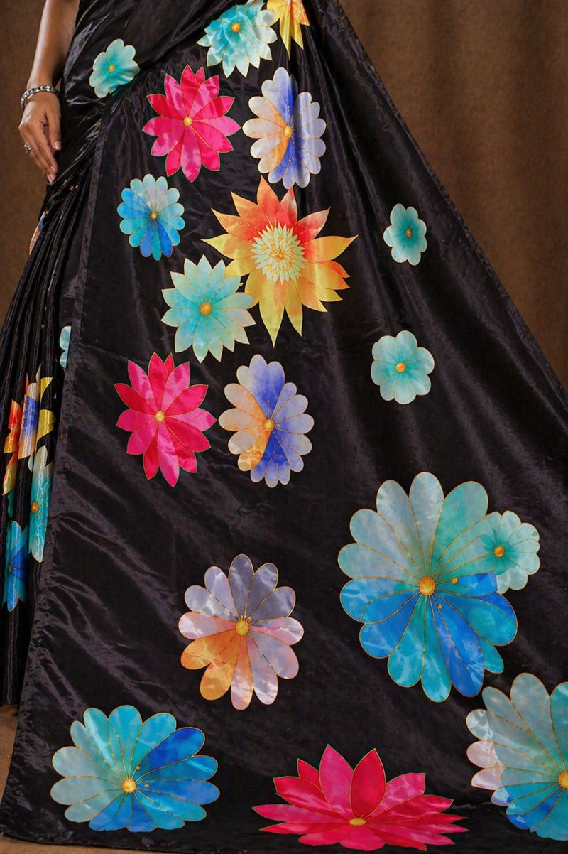 Black Multicolor Floral Print Chiffon Silk Saree