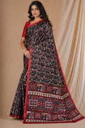 Black Floral Printed Chiffon Silk Saree With Red Border