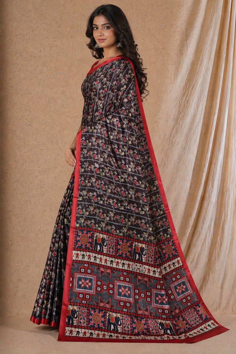 Black Floral Printed Chiffon Silk Saree With Red Border
