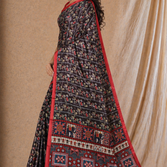 Black Floral Printed Chiffon Silk Saree With Red Border