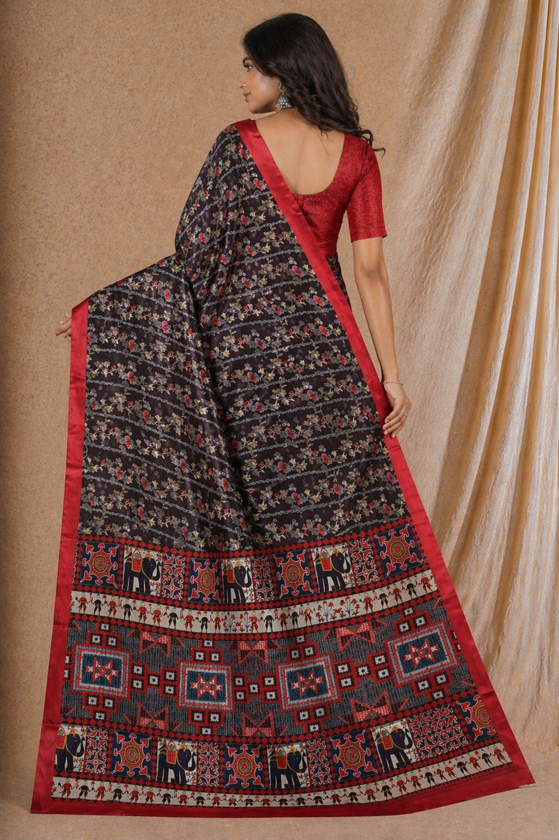 Black Floral Printed Chiffon Silk Saree With Red Border