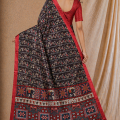 Black Floral Printed Chiffon Silk Saree With Red Border