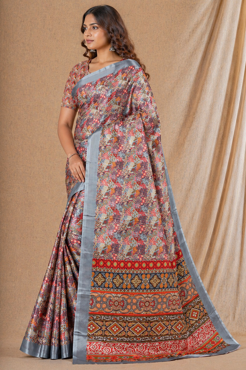 Multicolor Ethnic Print Chiffon Silk Saree With Grey Border
