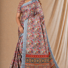 Multicolor Ethnic Print Chiffon Silk Saree With Grey Border