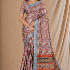 Multicolor Ethnic Print Chiffon Silk Saree With Grey Border
