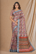 Multicolor Ethnic Print Chiffon Silk Saree With Grey Border