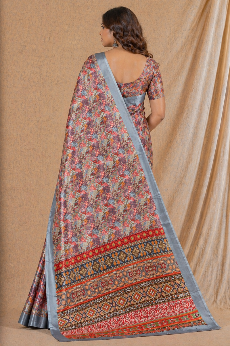 Multicolor Ethnic Print Chiffon Silk Saree With Grey Border
