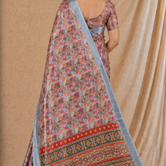 Multicolor Ethnic Print Chiffon Silk Saree With Grey Border