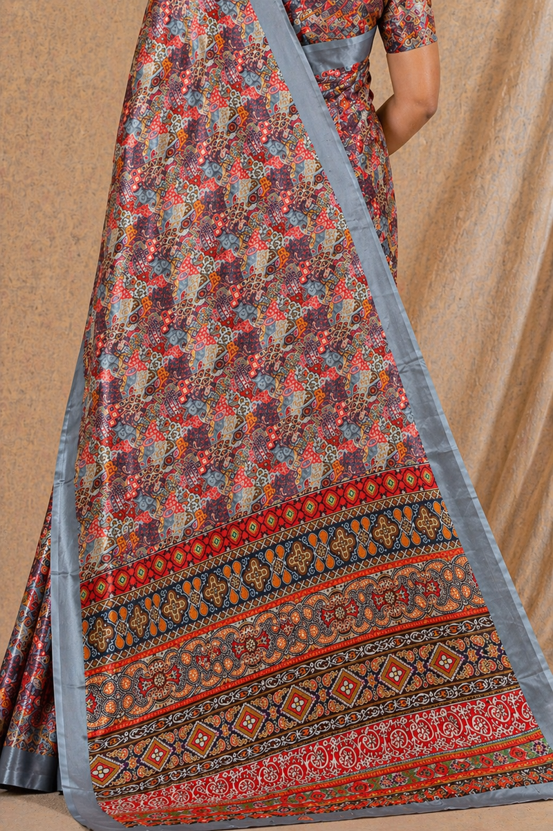 Multicolor Ethnic Print Chiffon Silk Saree With Grey Border