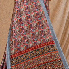Multicolor Ethnic Print Chiffon Silk Saree With Grey Border