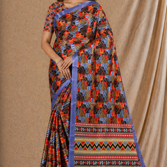 Multicolor Geometric Print Chiffon Silk Saree With Blue Border