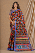 Multicolor Geometric Print Chiffon Silk Saree With Blue Border
