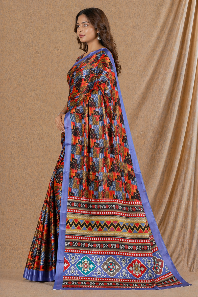 Multicolor Geometric Print Chiffon Silk Saree With Blue Border